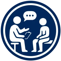 Icon of two people seated and talking, with a speech bubble between them.