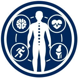 Blue-and-white wellness icon showing a human figure surrounded by symbols for brain, heart, exercise, and joint health.