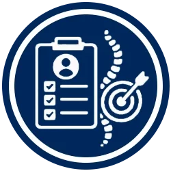 Icon of a health assessment checklist beside a spine and a target with an arrow.
